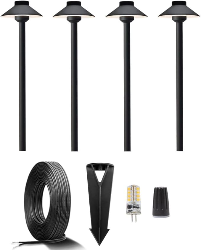 Gardenreet 12V Brass Landscape Black Path Lighting Kit (4 Pack Path Lights) with 100 Feet Cable and 20Pack Wire Connectors for Outdoor House Garden Patio Walkway Without Low Voltage Transformer