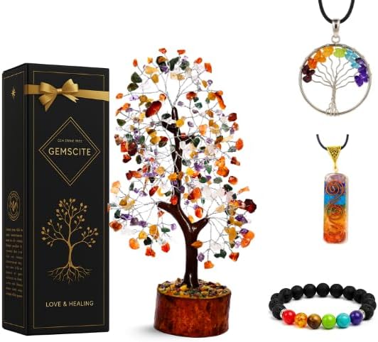 Mix Chakra Crystal Tree with Silver Wire – 7 Chakra Gemstone Bonsai Tree for Healing, Positivity & Decor