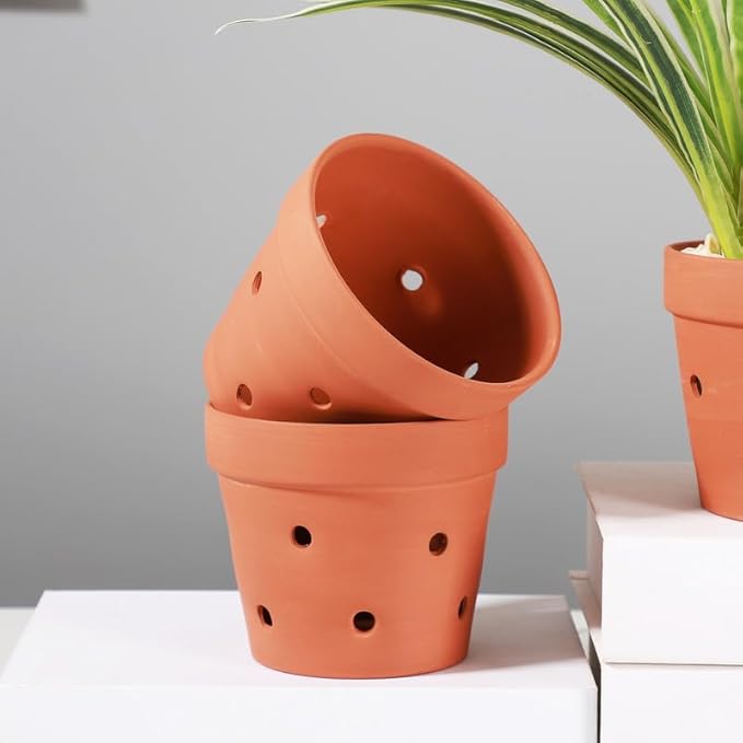 Yishang 4.6 Inches Terracotta Orchid Pots with Holes - Set of 8 Clay Orchid Planter Pots for Repotting, Small Flower Plant Pots for Orchid Indoor & Outdoor, Promotes Air Circulation