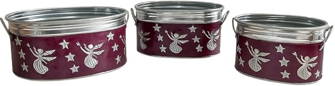Set of 3 Vintage Christmas Metal Planters – Embossed Angel & Star Cachepots with Silver Rims, Purple Galvanized Holiday Decor (10″, 9″, 7″ W)