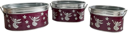 Set of 3 Vintage Christmas Metal Planters – Embossed Angel & Star Cachepots with Silver Rims, Purple Galvanized Holiday Decor (10″, 9″, 7″ W)