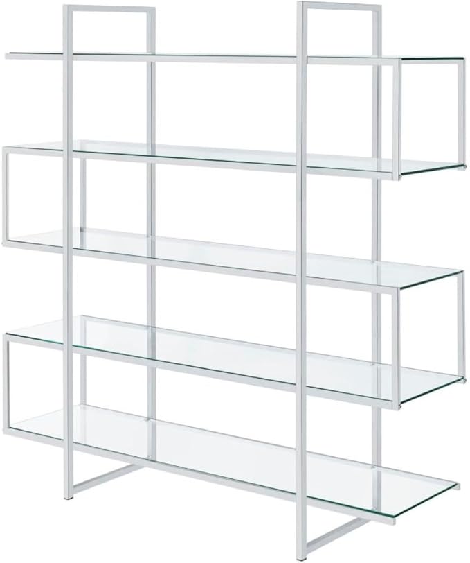 CARTESIAN Stellar Modern Glass Bookshelf, 5-Tier Open Display Case, 59" Wide x 63" High, Chrome Frame with Clear Tempered Glass Shelves