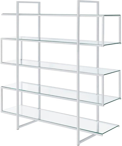 CARTESIAN Stellar Modern Glass Bookshelf, 5-Tier Open Display Case, 59" Wide x 63" High, Chrome Frame with Clear Tempered Glass Shelves