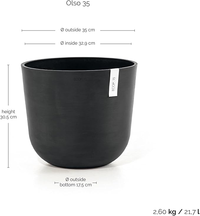 Ecopots Oslo Durable Modern Round Indoor/Outdoor Recycled-Based Composite Flower Pot Planter, Dark Grey, 14"