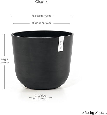 Ecopots Oslo Durable Modern Round Indoor/Outdoor Recycled-Based Composite Flower Pot Planter, Dark Grey, 14"