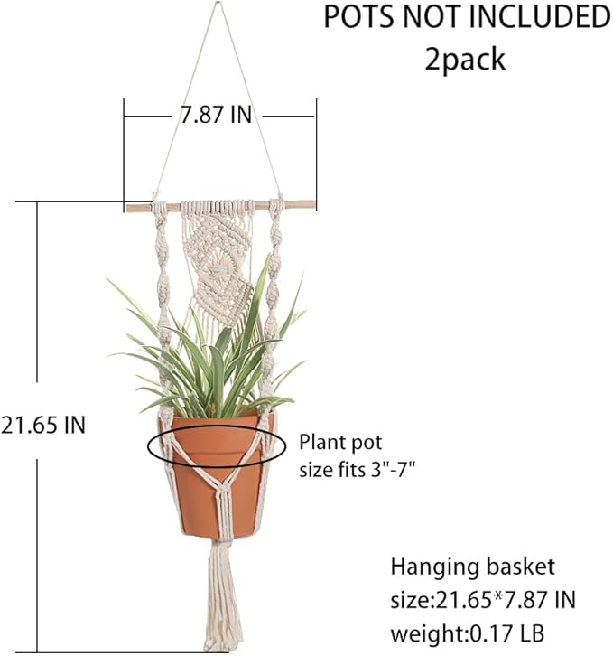 Boho Macrame Plant Hangers - Handmade Hemp Rope Hanging Baskets for Plants with Ceiling Hooks, Bohemian Home Decor
