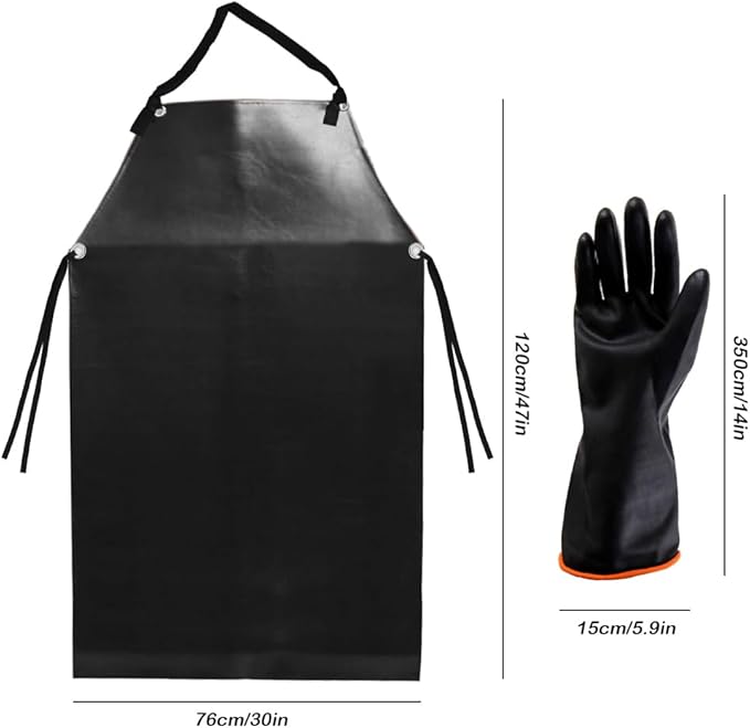 SourceTon Heavy Duty Waterproof Apron with Latex Gloves | 47" Long Chemical & Oil Resistant PU Apron & 14" Gloves for Dishwashing, Lab Work, Butchering, Cleaning, Gardening