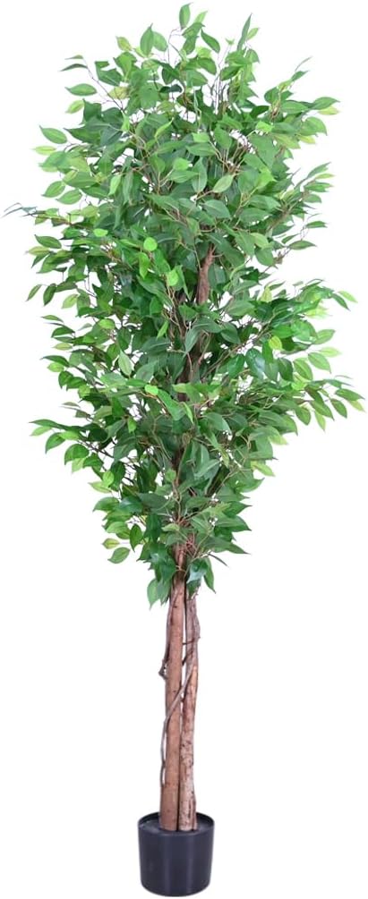 7ft Decorative Fake Ficus Tree Indoor, Artificial Trees Indoor for Home Decor, Potted Faux Tree Plant with Realistic Silk Leaves, Natural Triple Wood Trunk for Outdoor, Office