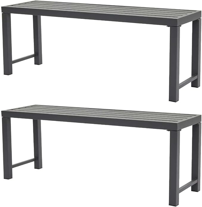 Grey Outdoor Backless Bench for Garden, Set of 2, Metal Outdoor Bench Weatherproof, Patio Benches for Outdoors, Benches Seat for Backyard, Porch, Plant Stand and Holder