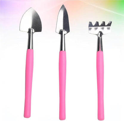 Mini Garden Tool Set 3pcs Iron Shovel Rake Hand Tools for Potted Plants Pink Gardening Weeding Transplanting Kit