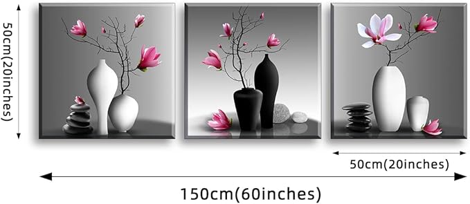 TEKMENT Flower Wall Art for Bathroom Hallway, SZ Elegant Orchid Still Life Canvas Painting Prints, Magnolia in Black and White Vases Picture (Ready to Hang, Waterproof Décor, 20x20 x3p Large)