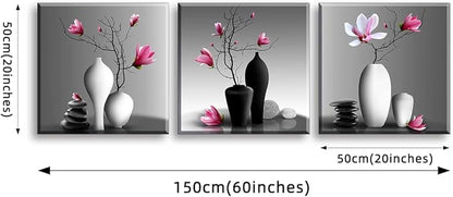 TEKMENT Flower Wall Art for Bathroom Hallway, SZ Elegant Orchid Still Life Canvas Painting Prints, Magnolia in Black and White Vases Picture (Ready to Hang, Waterproof Décor, 20x20 x3p Large)