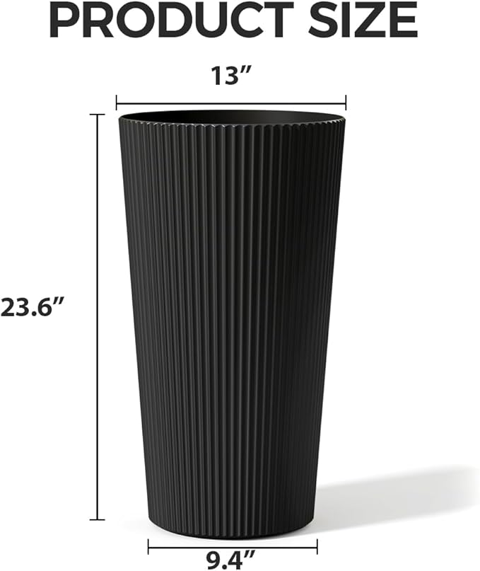 Tall Outdoor Planter Set of 2-23.6" Large Striped Plastic Flower Pots, Decorative Indoor/Outdoor Planters for Porch, Patio, Balcony & Garden, Black