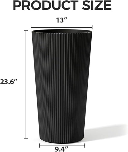 Tall Outdoor Planter Set of 2-23.6" Large Striped Plastic Flower Pots, Decorative Indoor/Outdoor Planters for Porch, Patio, Balcony & Garden, Black