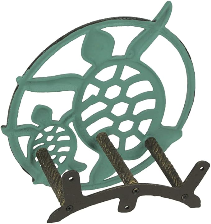 Verdigris Bronze Finish Cast Iron Sea Turtle Decorative Wall Mounted Hanging Garden Hose Hanger - 12 Inches Diameter - Ocean-Inspired Hose Holder Décor