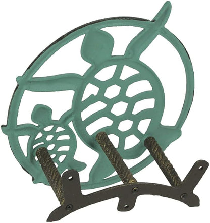 Verdigris Bronze Finish Cast Iron Sea Turtle Decorative Wall Mounted Hanging Garden Hose Hanger - 12 Inches Diameter - Ocean-Inspired Hose Holder Décor