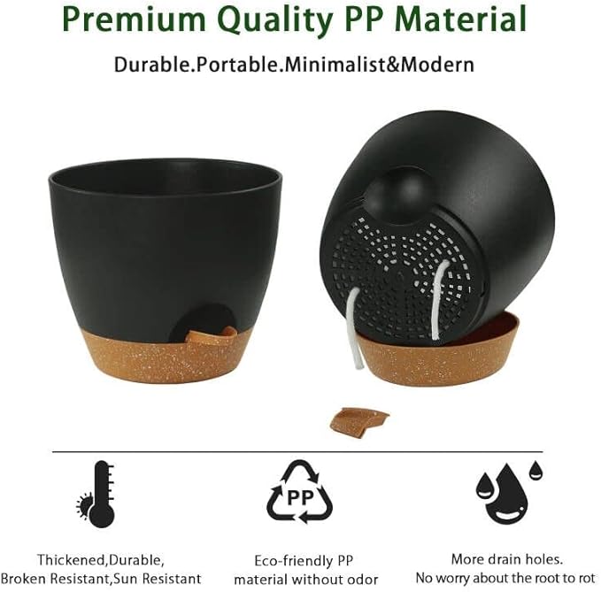 UUBEMM Self Watering Planters with Drainage Holes, Set of 3 Plastic Plant Pots with Deep Reservoir for Indoor Outdoor Garden Flowers Plants,10+9+8 Inch (Black)