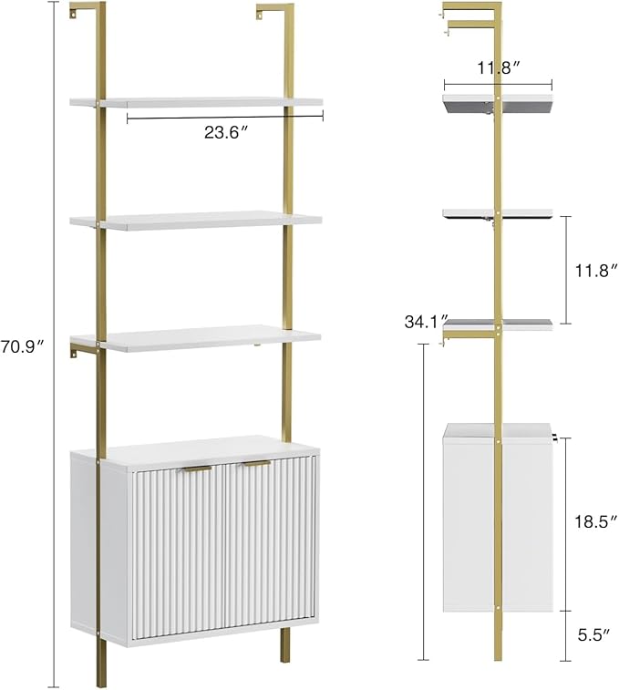 Ladder Bookshelf with Cabinet, 71" Tall Wall Mounted Bookcase with Shelves & Storage, Fluted Ladder Shelf with Metal Frame, 5-Tier Display Rack for Living Room, Home & Office, Bedroom, White & Gold