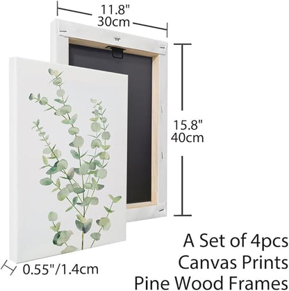 Erctoo Botanical Wall Art for Bathroom, Framed Canvas Office Wall Art 12”x16” Sage Green Plant Wall Decor for Bedroom, Light Green Boho Eucalyptus Leaf Sets of 4PCS