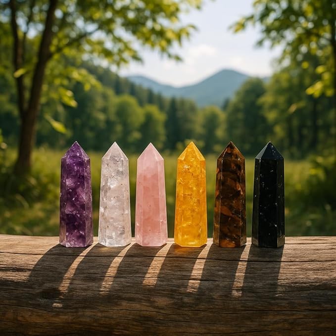 Healing Crystal Wand Set of 6 Orgonite 3.5 Inch Gemstone Towers – Amethyst, Rose Quartz, Citrine, Clear Quartz, Tiger Eye, Black Tourmaline Necklace ChristmasGift Set