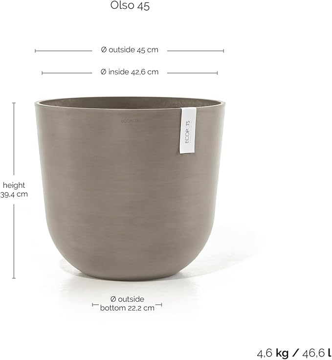 Ecopots Oslo Durable Modern Round Indoor/Outdoor Recycled-Based Composite Flower Pot Planter, Taupe, 17.75"