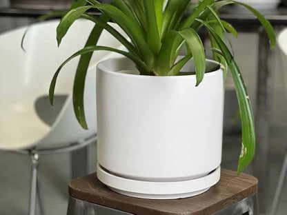 PLANTATOREM Ceramic 10 Inch Mid Modern Planter Pot with Drainage Hole and Saucer, Indoor Cylinder Round Flower Pot, Perfect for Planting Succulents, Herbs, Flowers, House Plants, Cloud White
