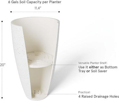 LA Jolie Muse 20 Inch Tall White Planters,Set of 2 Indoor/Outdoor Tall Planters with Shelf Insert and Trays,Modern Large Flower Pot for Front Front Door, Patio and Deck