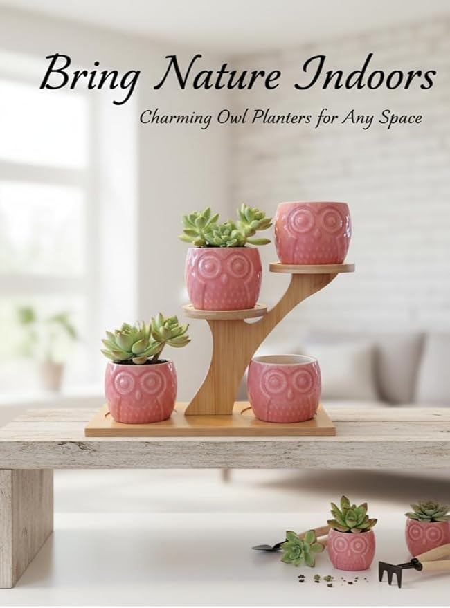 Blisse Wood Owl Planter (Pink)