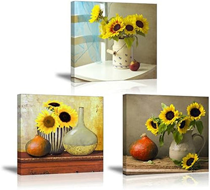 Sunflower Kitchen Wall Decor, SZ HD Still Life Oil Painting Canvas Art Prints of Bright Blooming Floral Illustration (Set of 3, Waterproof Artwork, 1" Thick Frame, Bracket Mounted Ready to Hang)