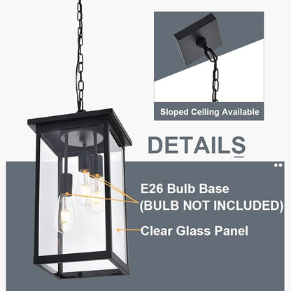 TODOLUZ 3-Light Black Outdoor Pendant Light Fixture, Adjustable Exterior Hanging Lantern Porch Light