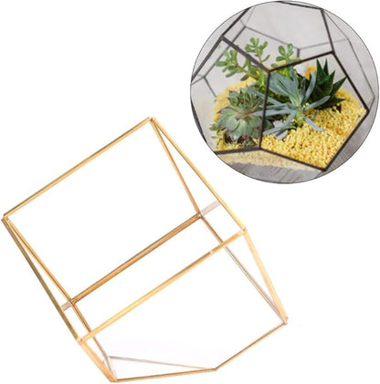 Gold Geometric Shape Succulents Plant Flowerpot, Glass Planter with Copper Frame, Modern Home Table Decoration for Succulents Ferns Cacti, Transparent Glass Planter for Office