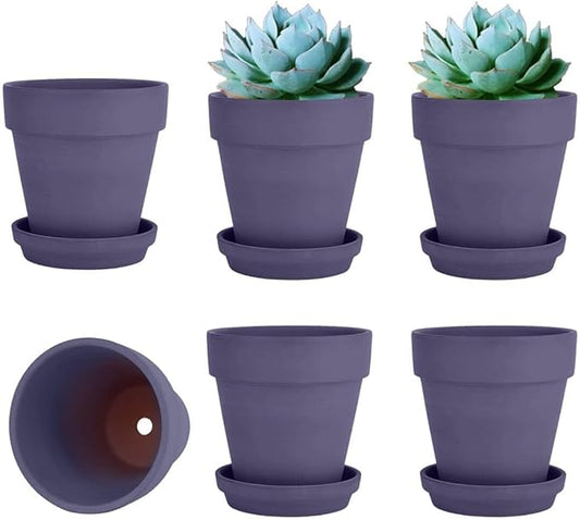vensovo 4 Inch Small Purple Terracotta Plant Pots with Saucer - 6 Pack Clay Flowerpots with Drainage, Great for Indoor Outdoor Plants, Crafts, Wedding Favor