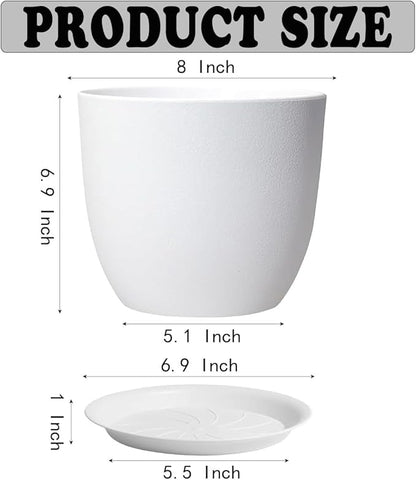 4Pack 8 Inch Flower Pots Planters for Indoor Outdoor Plastic Plant Pots with Drainage Hole and Saucers Modern Decorative Garden Pot, White