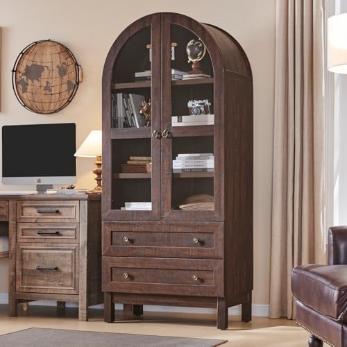 71" Tall Arched Bookshelf, 4-Tier Bookcase with Glass Doors and Shelves, Wooden Display Cabinet w/2 Large Storage Drawers, Modern Farmhouse Versatile Bookshelf for Living Room, Bedroom, Brown