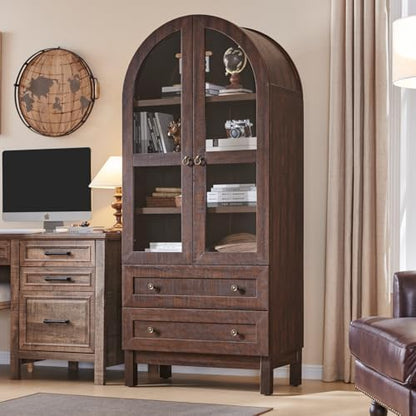 71" Tall Arched Bookshelf, 4-Tier Bookcase with Glass Doors and Shelves, Wooden Display Cabinet w/2 Large Storage Drawers, Modern Farmhouse Versatile Bookshelf for Living Room, Bedroom, Brown