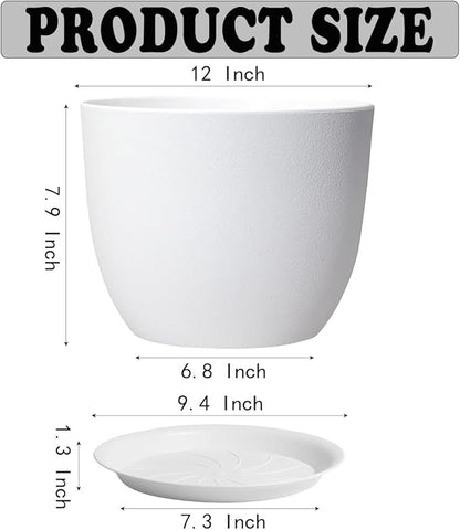 Plant Pots 12 Inch Set of 2, Outdoor Indoor Flower Pots Plastic Planters with Holes and Saucers, Modern House Office Garden Decorative,Simplicity White Color