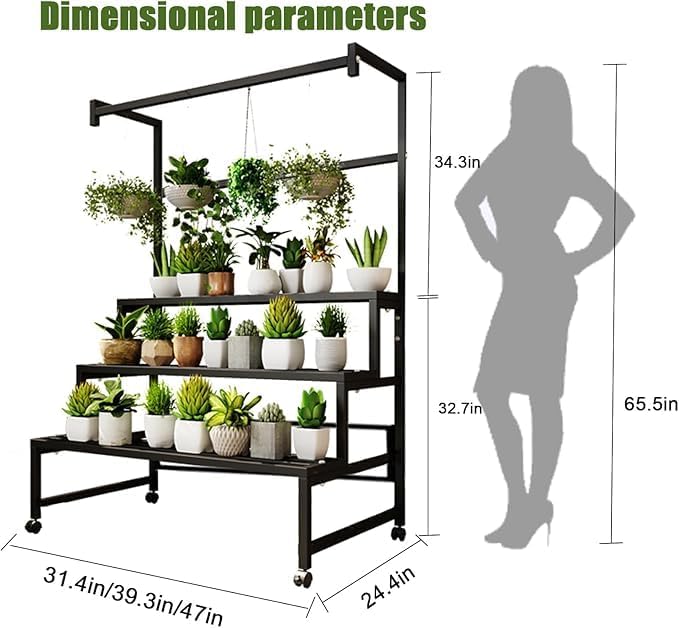 39in Large Metal Plant Stand, 4 Tier with Hanging Tall Plant pot shelf (67in), with Rollers Heavy Duty Plant Holder, for Home/Garden/living room/balcony (BLACK, 39IN)