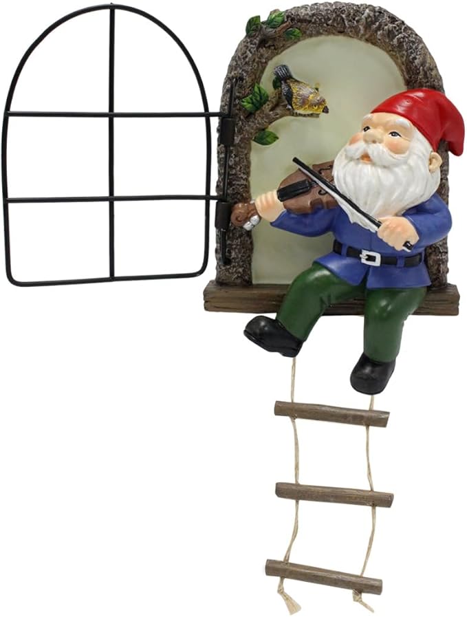 Garden Gnome Window Statue for Trees and Wall, Dwarf Playing Violin Luminous Fairy Garden Miniature Accessories, Glow in The Dark Art Sculpture