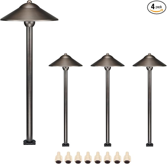 DOSHINE® Solid Brass Low Voltage Landscape Lighting Pathway Lights (9" Shade, 22" Tall) with Replaceable 3W G4 LED Bulb 3000K AC/DC 12V and Ground Stake for Outdoor Walkway Driveway (UFO, 4-Pack)