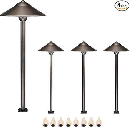 DOSHINE® Solid Brass Low Voltage Landscape Lighting Pathway Lights (9" Shade, 22" Tall) with Replaceable 3W G4 LED Bulb 3000K AC/DC 12V and Ground Stake for Outdoor Walkway Driveway (UFO, 4-Pack)