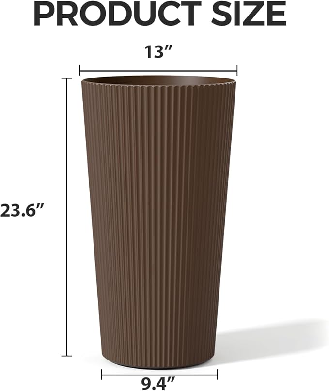 Tall Outdoor Planter Set of 2-23.6" Large Striped Plastic Flower Pots, Decorative Indoor/Outdoor Planters for Porch, Patio, Balcony & Garden, Brown