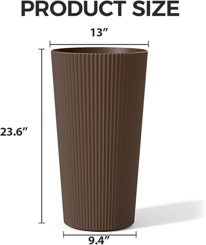 Tall Outdoor Planter Set of 2-23.6" Large Striped Plastic Flower Pots, Decorative Indoor/Outdoor Planters for Porch, Patio, Balcony & Garden, Brown