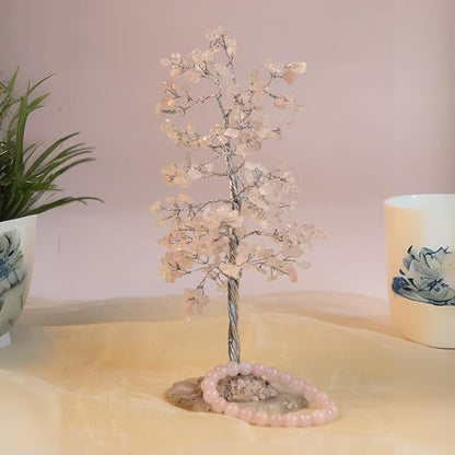 Rose Quartz Crystal Tree with Bracelet for Home Decor, Healing, Spiritual Gifting, Room Decor, New Year & Good Luck Gifting | Made from Genuine Crystal Stones (9 x 3 Inches)