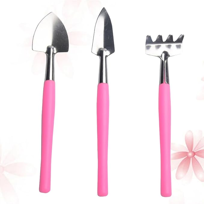 Mini Garden Tool Set 3pcs Iron Shovel Rake Hand Tools for Potted Plants Pink Gardening Weeding Transplanting Kit