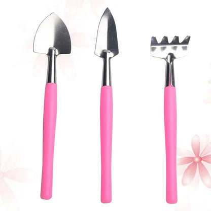 Mini Garden Tool Set 3pcs Iron Shovel Rake Hand Tools for Potted Plants Pink Gardening Weeding Transplanting Kit