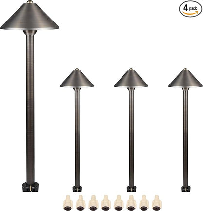 DOSHINE® Solid Brass Low Voltage Landscape Lighting Pathway Lights (7" Shade, 22" Tall) with Replaceable 3W G4 LED Bulb 3000K AC/DC 12V and Ground Stake for Outdoor Walkway Driveway (UMB,4-Pack)