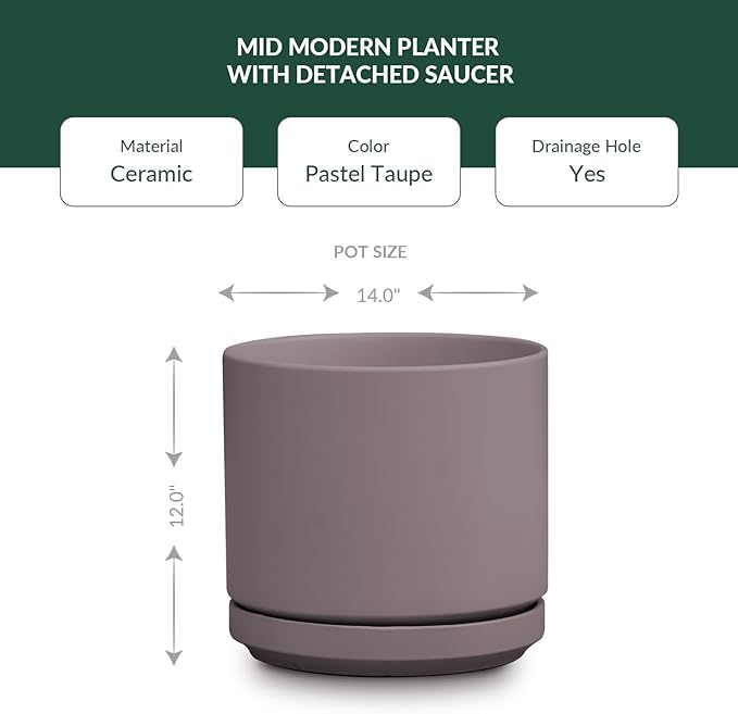 PLANTATOREM Ceramic 14 Inch Mid Modern Planter Pot with Drainage Hole and Saucer, Indoor Cylinder Round Flower Pot, Perfect for Planting Succulents, Herbs, Flowers, House Plants, Pastel Taupe