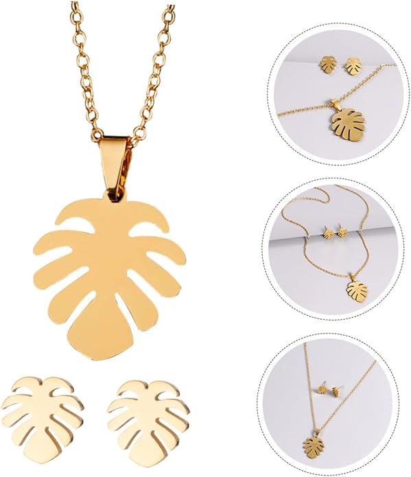 Monstera Leaf Jewelry for Women Dainty Lightweight Necklace and Earrings Trio Tropical Plant-inspired Accessories for Daily Wear Parties and
