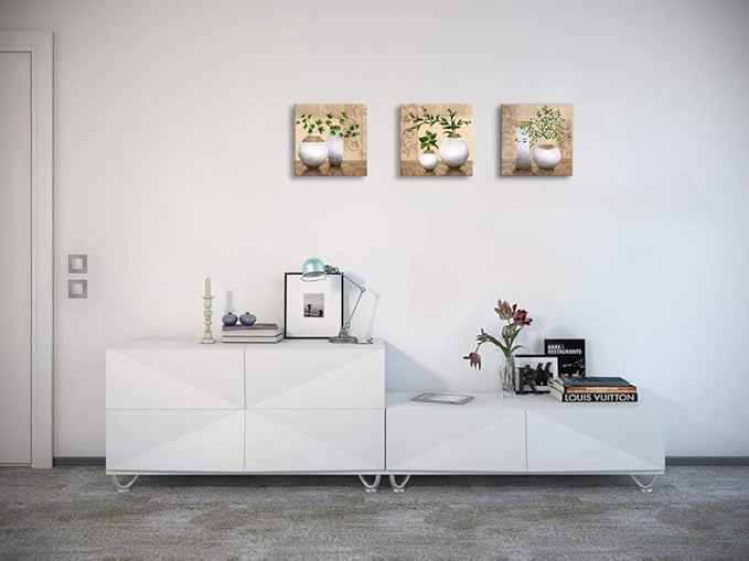 3 Piece Wall Art for Bathroom/Hallway, SZ HD Elegant Canvas Painting Prints of Green Spring Plants in Vases on Beige/Tan Picture (Waterproof Decor, Ready to Hang, 12x12 x3)