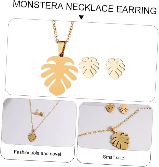 Monstera Leaf Jewelry for Women Dainty Lightweight Necklace and Earrings Trio Tropical Plant-inspired Accessories for Daily Wear Parties and